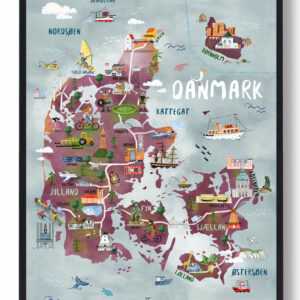 Danmarkskort - håndtegnet plakat (Størrelse: S - 21x29,7cm (A4))